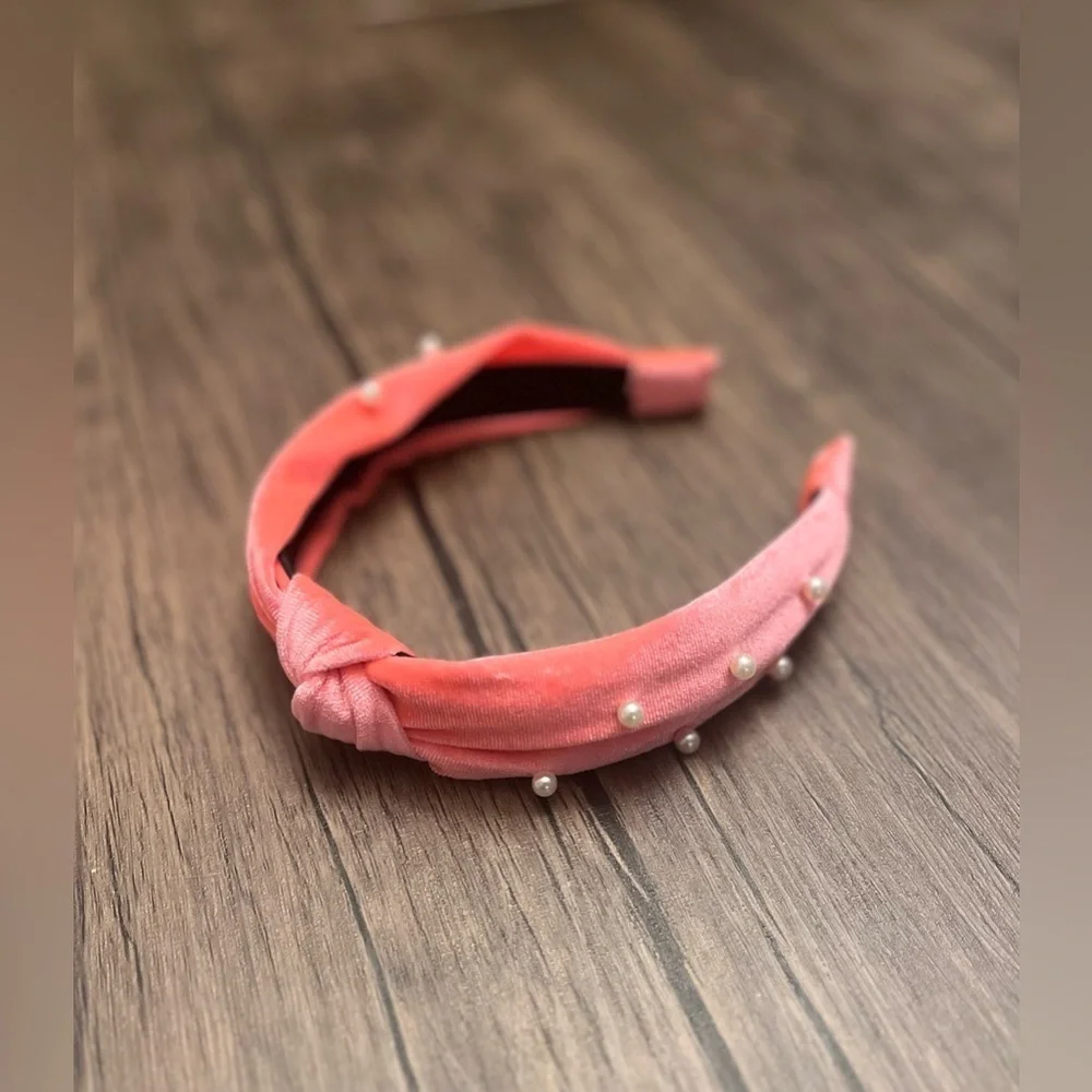 BP Florescent Pink Knotted Headband with Pearl Accents